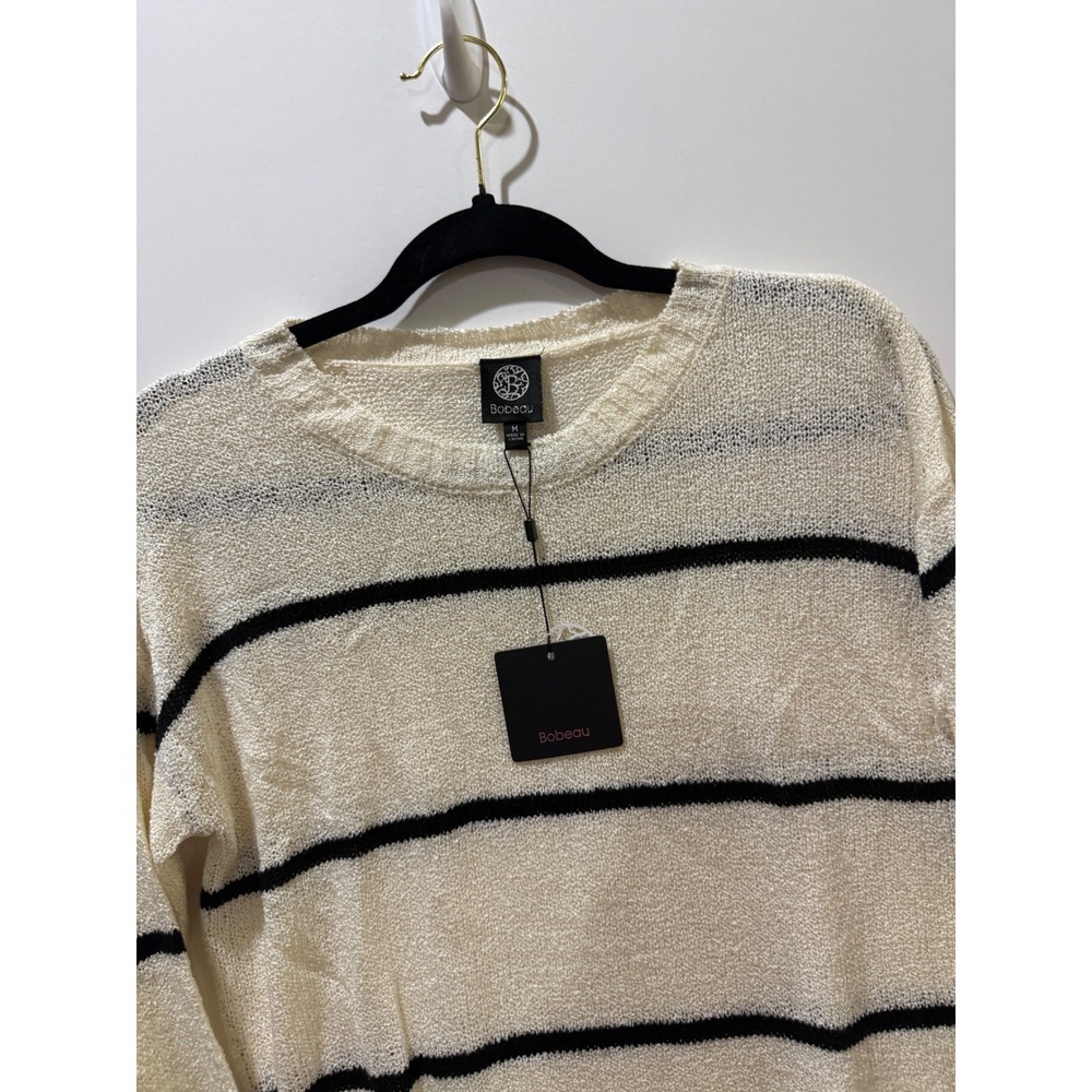 Bobeau Striped Sweater Womens Medium Cream Black NEW Lightweight Open Knit Top